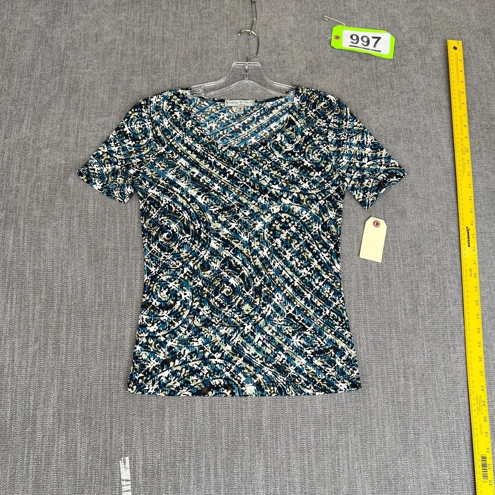 Vintage Suzie Blouse Top Womens S Blue Green Abstract Swirl Print Short Sleeve